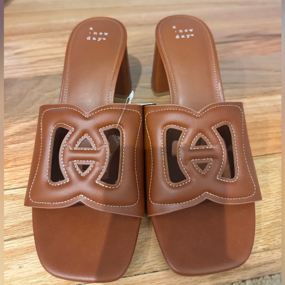 a new day Tan Cutout Leather Mule Heels